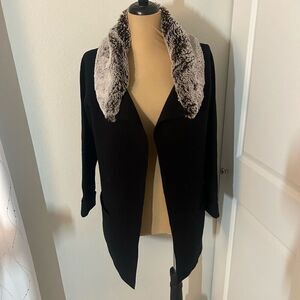 Jones New York Black Faux Fur Collar Cardigan L